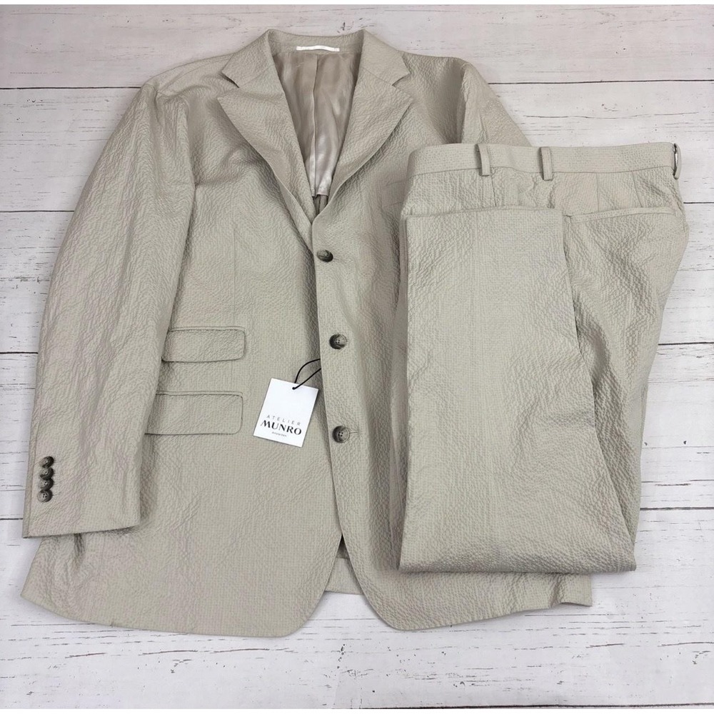 Atelier Munro Suit Mens 46S 42x27 Beige Seersucker Cotton Stretch 2 Pc Subalpino